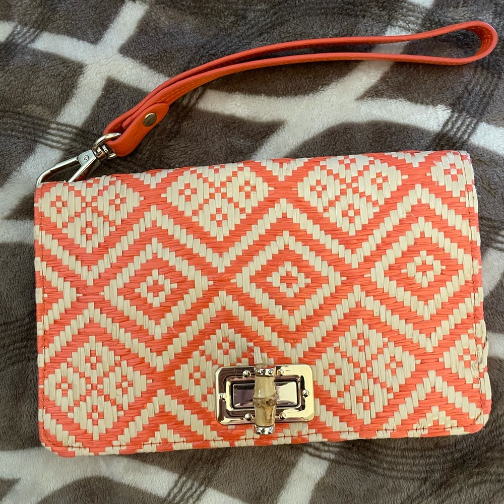 Shiraleah Chicago Orange Leather and Cream Jute Vintage Wrislet w/ Turnlock, EUC